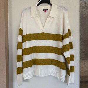 Vince Camuto Pullover Sweater XL VNeck White Gold Polo Collar Ribbed Knit NWT